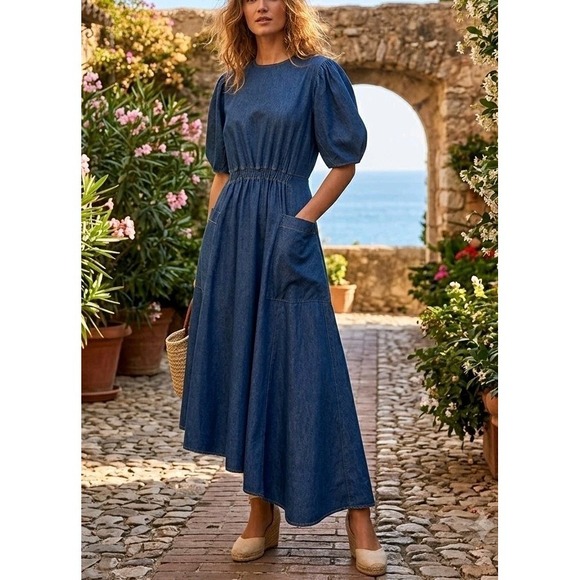Aligne Dresses & Skirts - NWT ALIGNE Harlin Denim Midi Dress UK18 US14 Cotton Puff Sleeve Pockets Blue